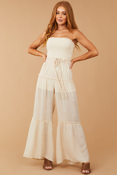 Desert Sand Strapless Smocked Jumpsuit with Tie Detail