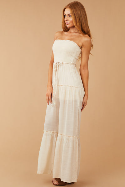 Desert Sand Strapless Smocked Jumpsuit with Tie Detail