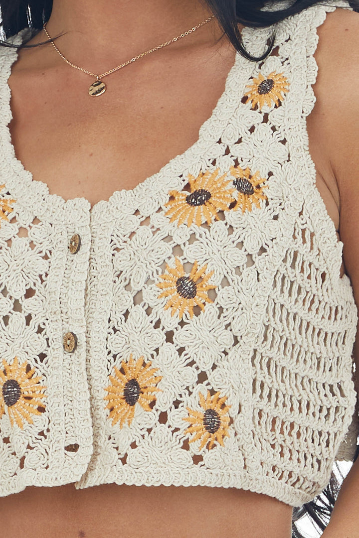 Desert Sand Sunflower Crochet Cropped Tank Top