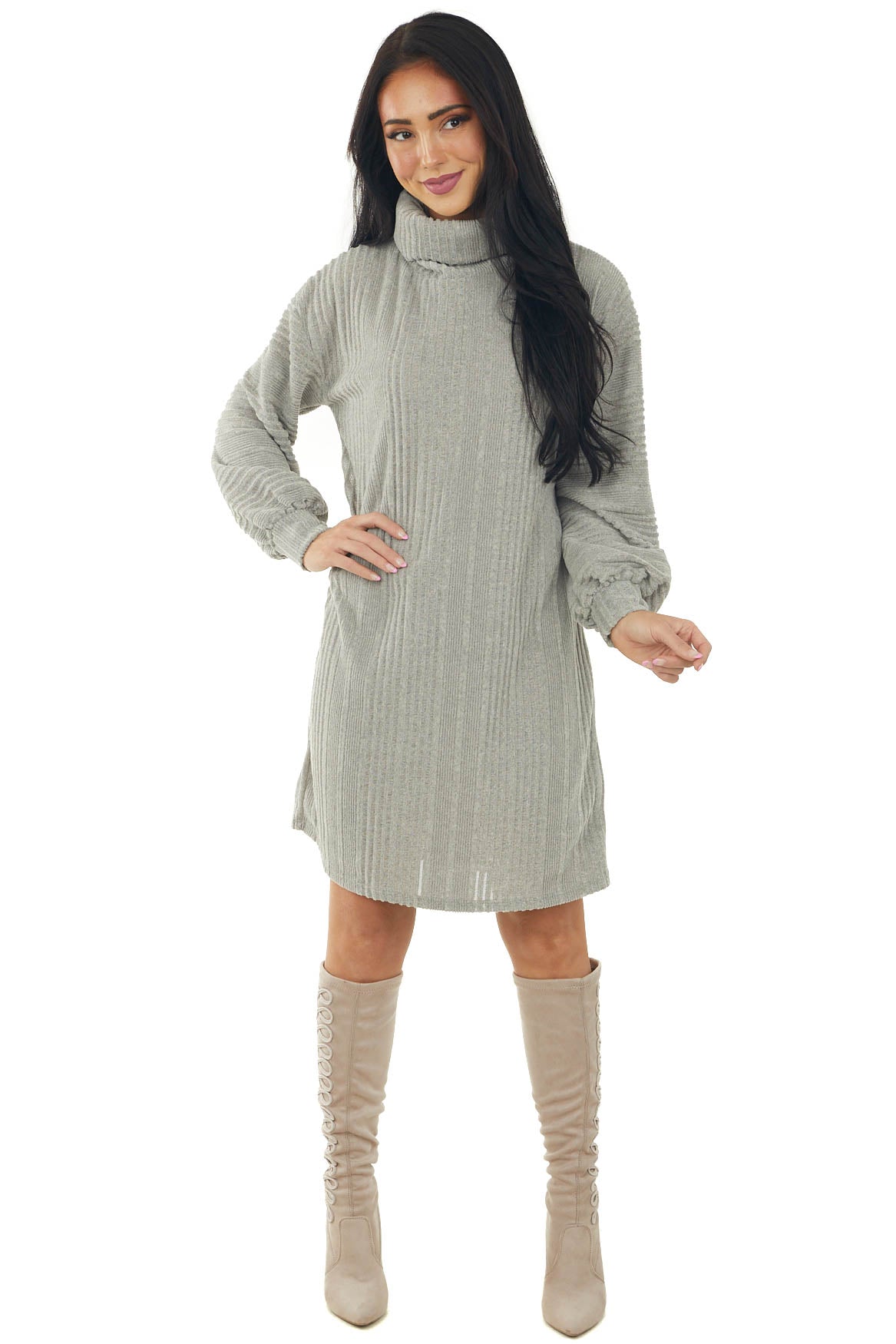 Dove Grey Brushed Long Sleeve Loose Knit Short Sweater Dress