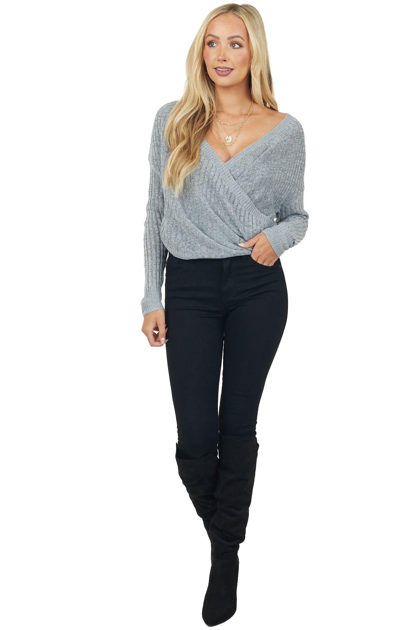 Dove Grey Long Sleeve Sweater Wrap Knit Top
