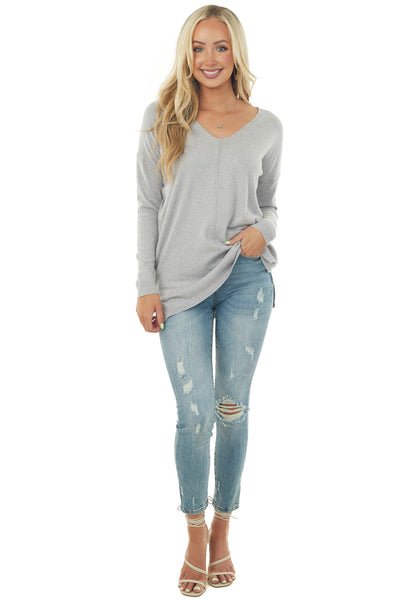 Dove Grey V Neck Lightweight Soft Knit Sweater