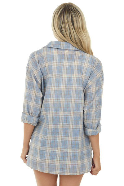 Dusty Blue Plaid Front Knot Button Down Shirt