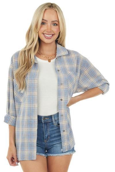 Dusty Blue Plaid Front Knot Button Down Shirt