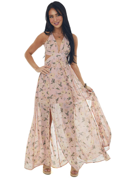 Dusty Blush Floral Cut Out Waist Maxi Dress