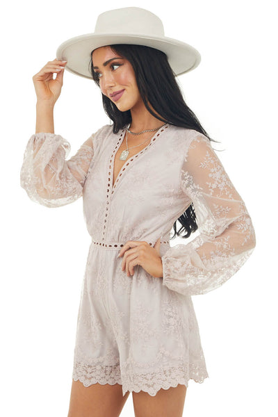 Dusty Blush Lace Romper with Long Sleeves