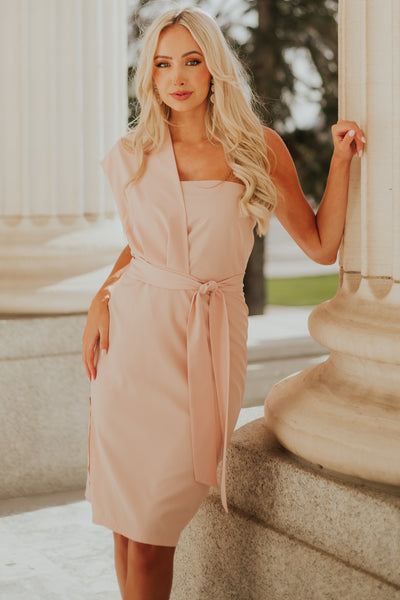 Dusty Blush One Shoulder Midi Dress with Waist Tie
