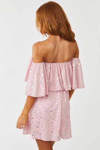 Dusty Blush Star Print Off Shoulder Mini Dress