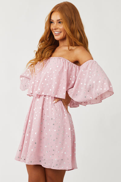 Dusty Blush Star Print Off Shoulder Mini Dress