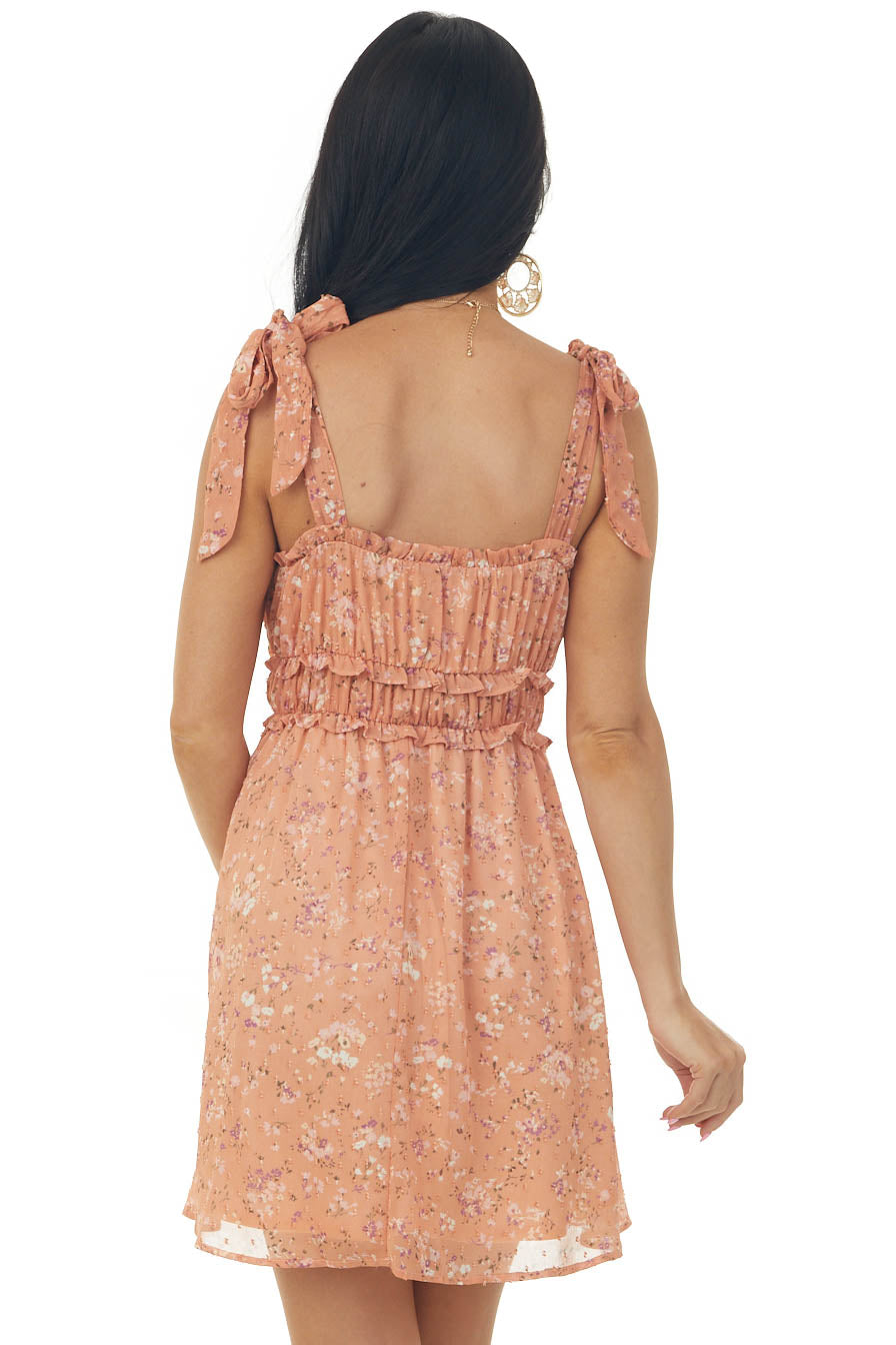 Dusty Coral Floral Print Ruched Swiss Dot Dress