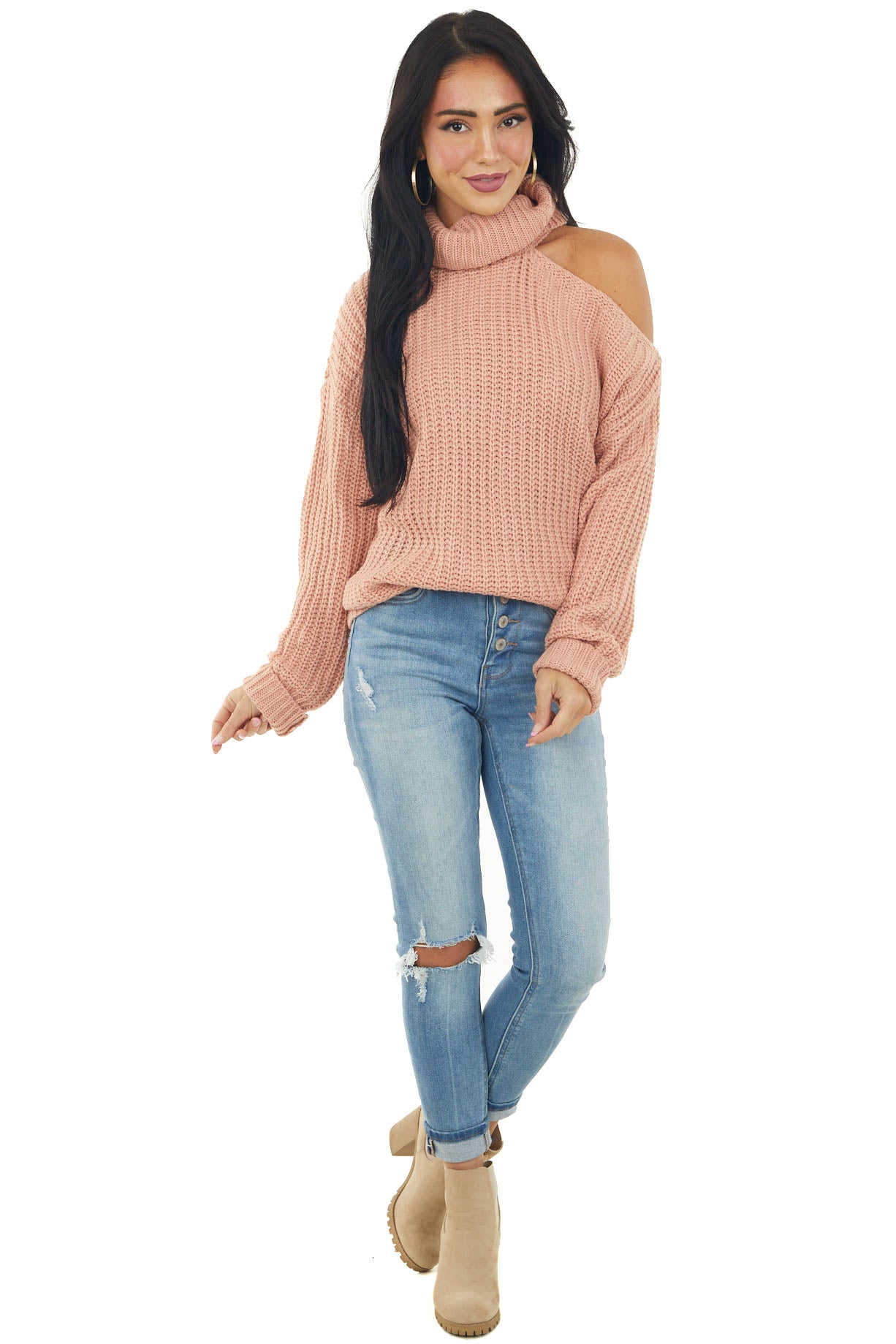 Dusty Coral Long Sleeve Knit Sweater with Cold Shoulder