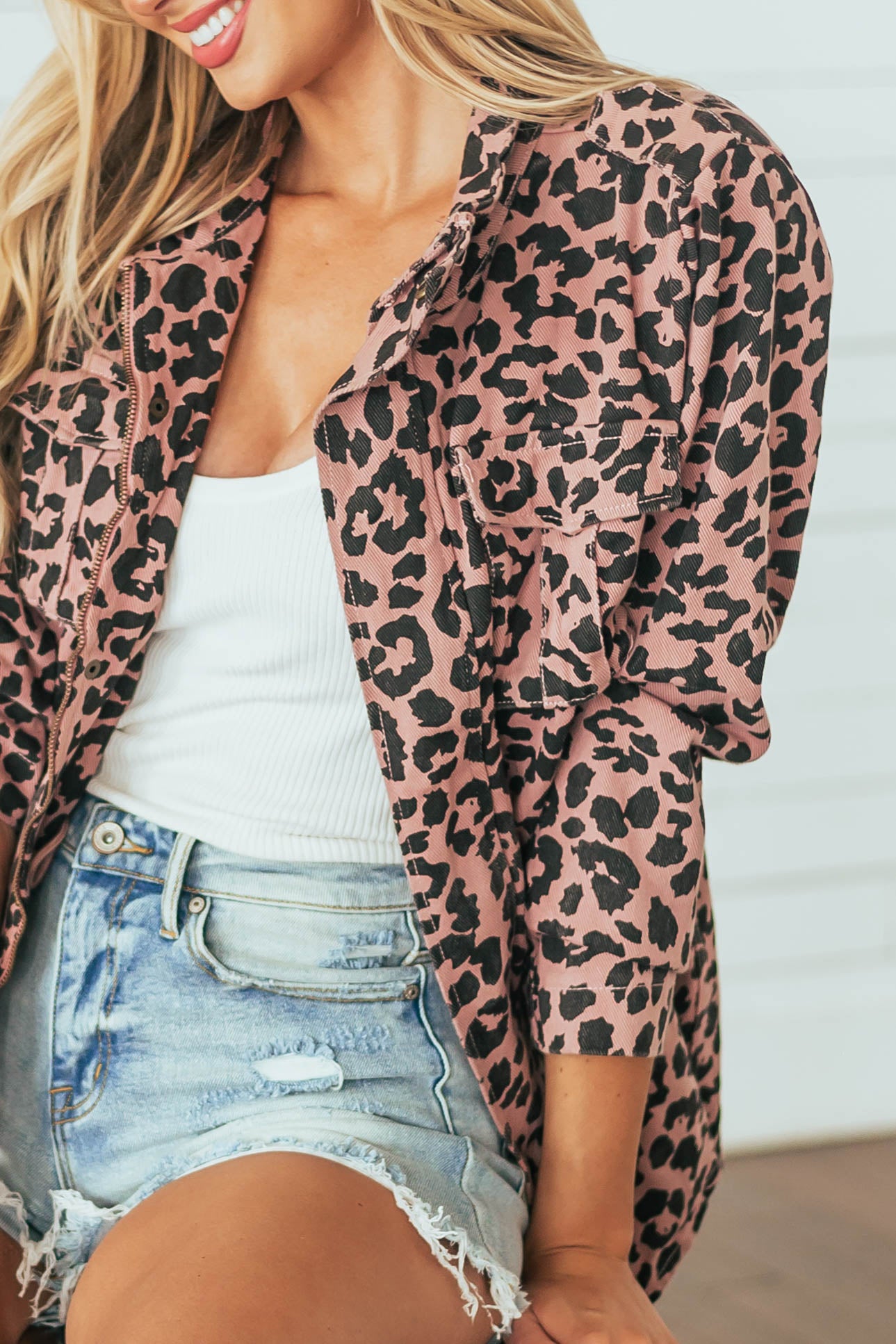 Dusty Rose Leopard Print Denim Jacket with Pockets