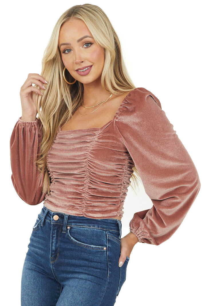 Dusty Rose Long Puff Sleeve Ruched Velvet Top