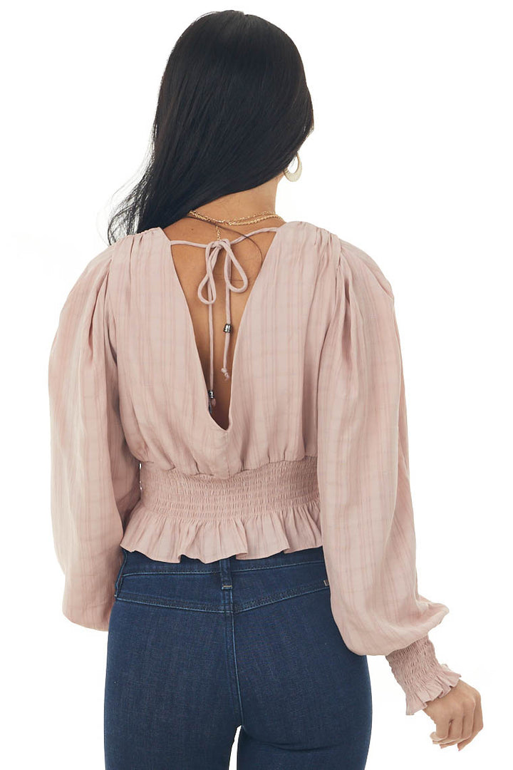 Dusty Rose Puff Sleeve Plunging Neck Blouse