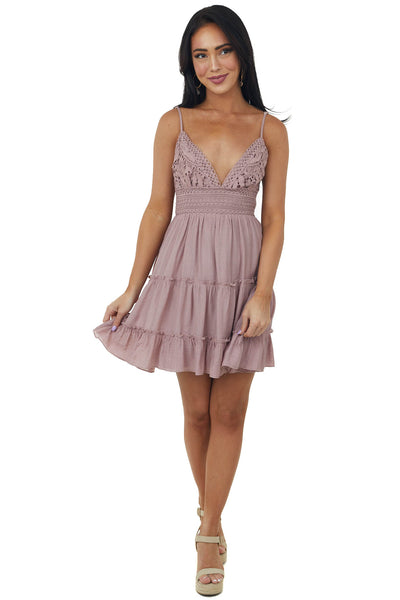 Dusty Rose Sleeveless Lace Tiered Mini Dress