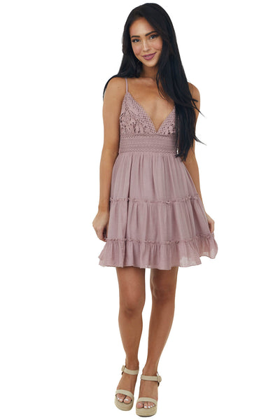 Dusty Rose Sleeveless Lace Tiered Mini Dress