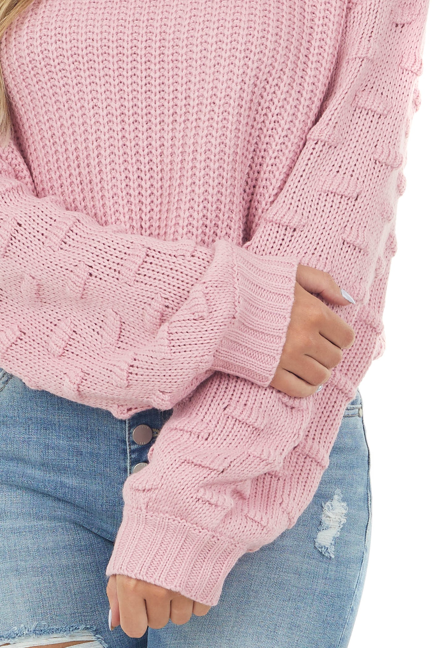 Dusty Rose Textured Bubble Sleeve Knit Sweater