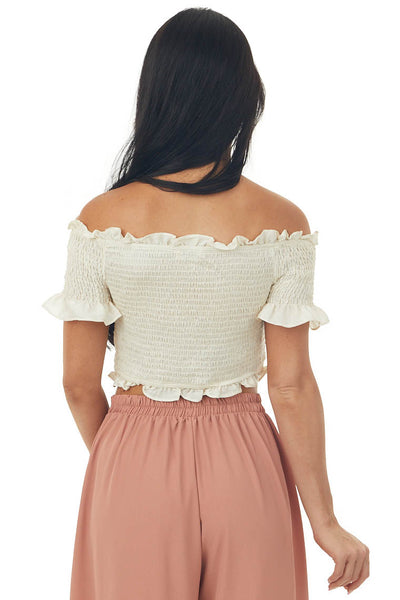 Ecru Off the Shoulder Smocked Crop Top with Ruffle Details