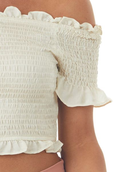 Ecru Off the Shoulder Smocked Crop Top with Ruffle Details