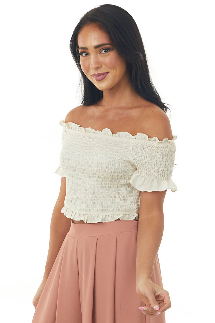 Ecru Off the Shoulder Smocked Crop Top with Ruffle Details