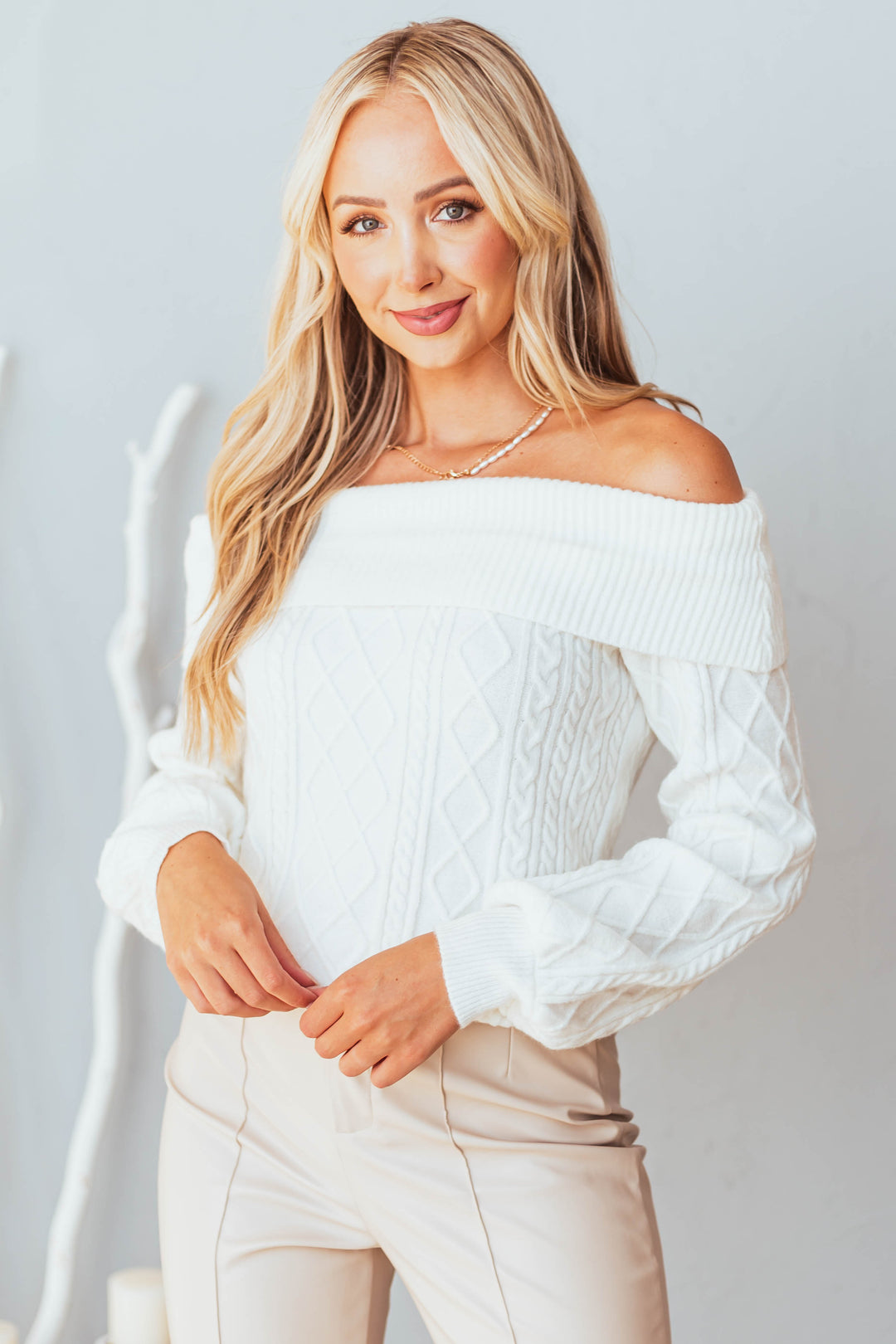 Eggshell White Off Shoulder Cable Knit Sweater | Lime Lush