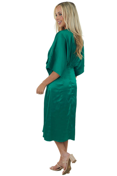 Emerald Green Kimono Sleeve Satin Midi Dress