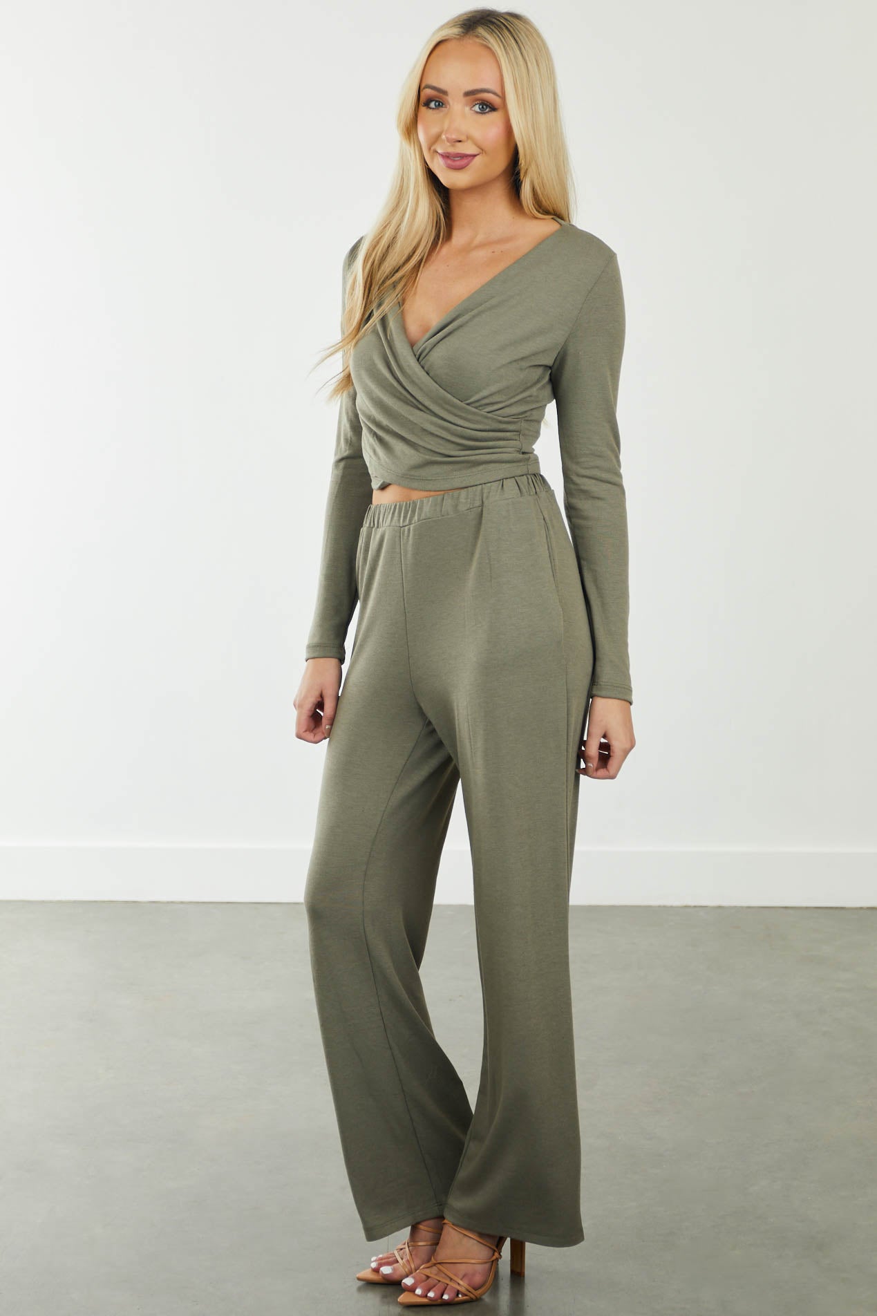 Faded Olive Knit Wrap Top and Loose Pants Set