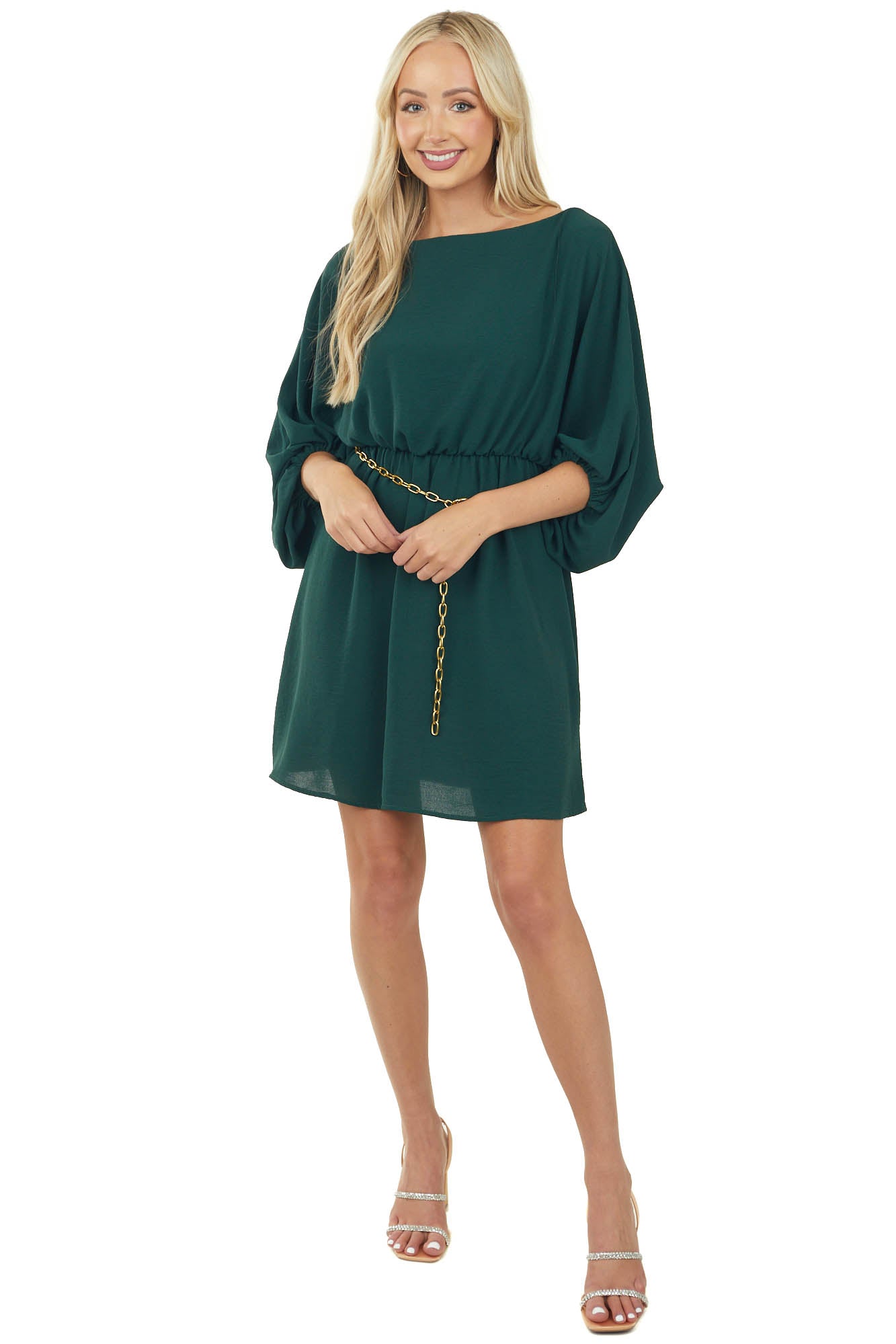 Forest Green Boat Neck Cinched Waist Mini Dress