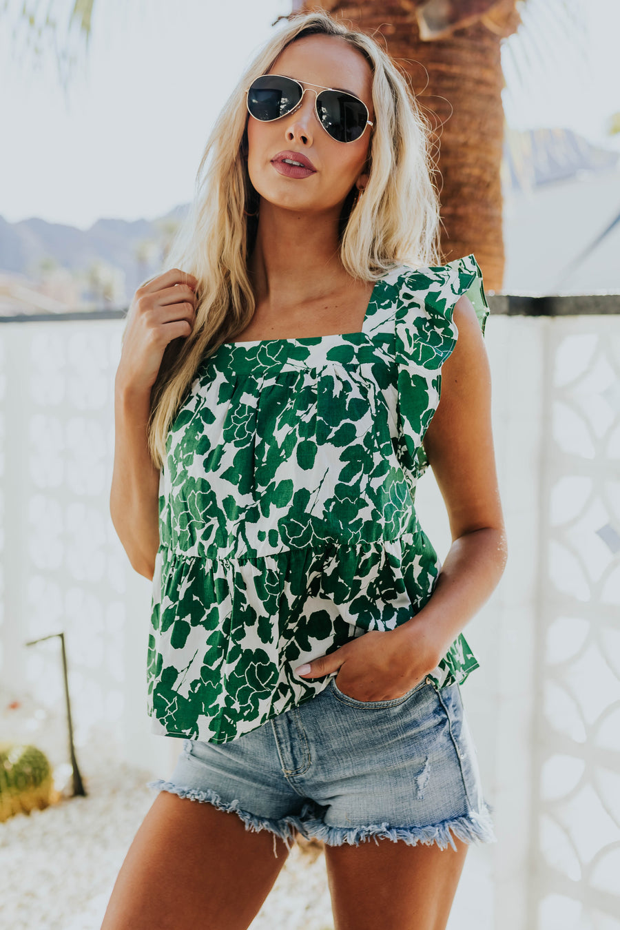 Forest Green Leaf Print Square Neck Woven Top