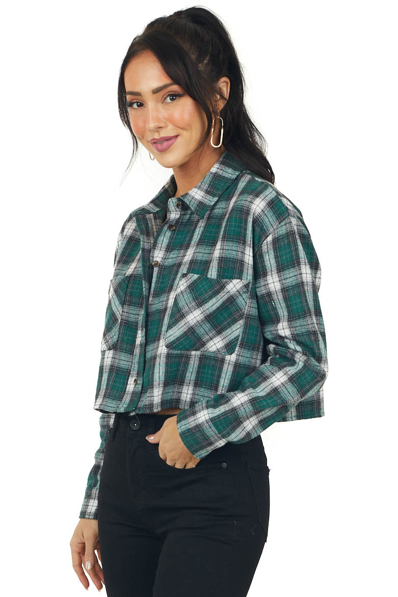 Forest and White Plaid Chest Pocket Crop Top