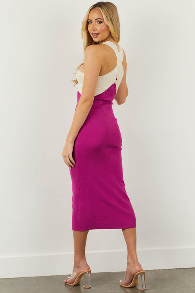 Fuchsia and Cream Colorblock Ribbed Knit Midi Dress