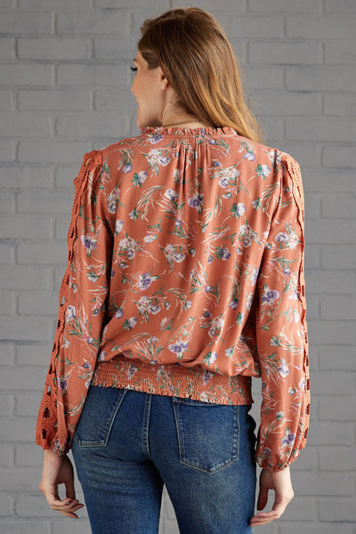 Ginger Floral Cut Out Lace Sleeve Tie Blouse