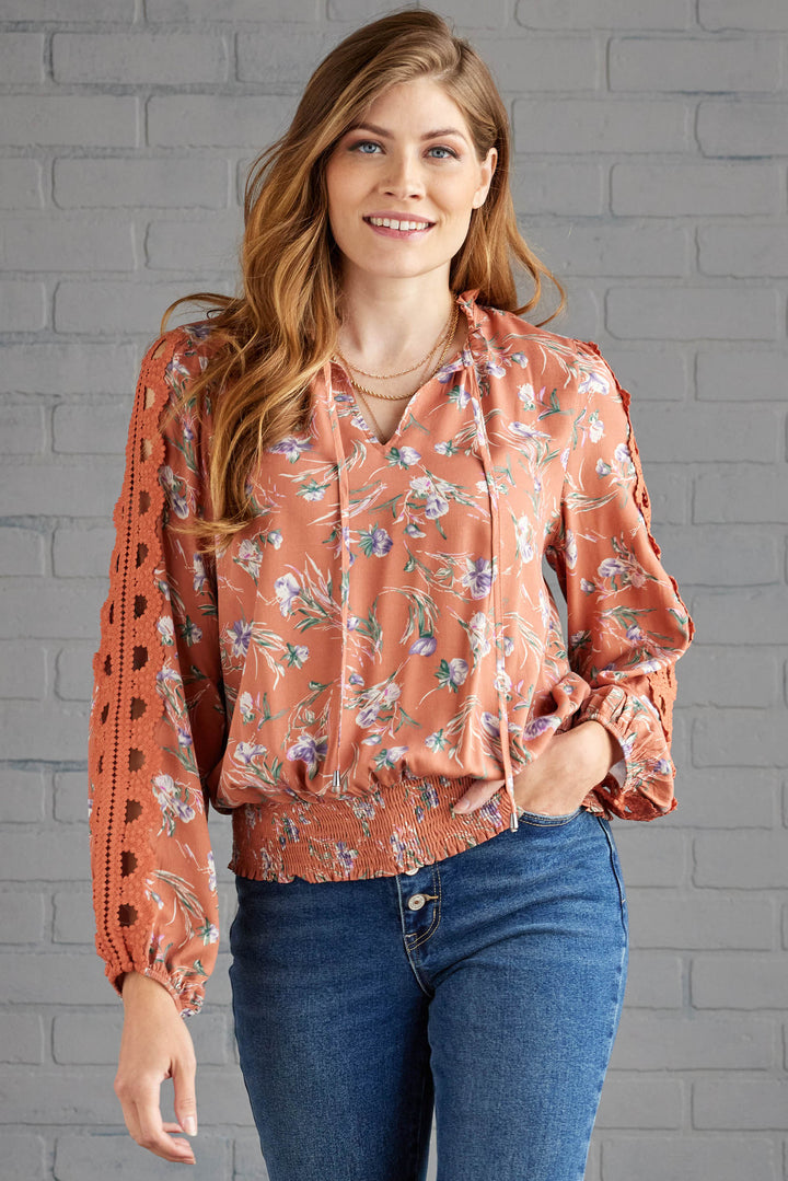 Ginger Floral Cut Out Lace Sleeve Tie Blouse