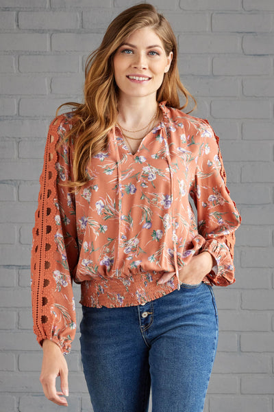 Ginger Floral Cut Out Lace Sleeve Tie Blouse