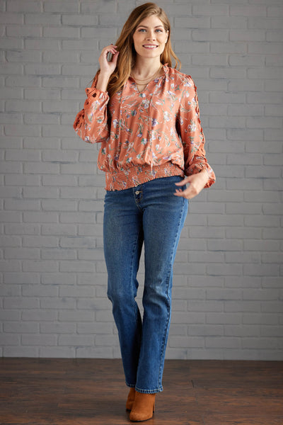 Ginger Floral Cut Out Lace Sleeve Tie Blouse