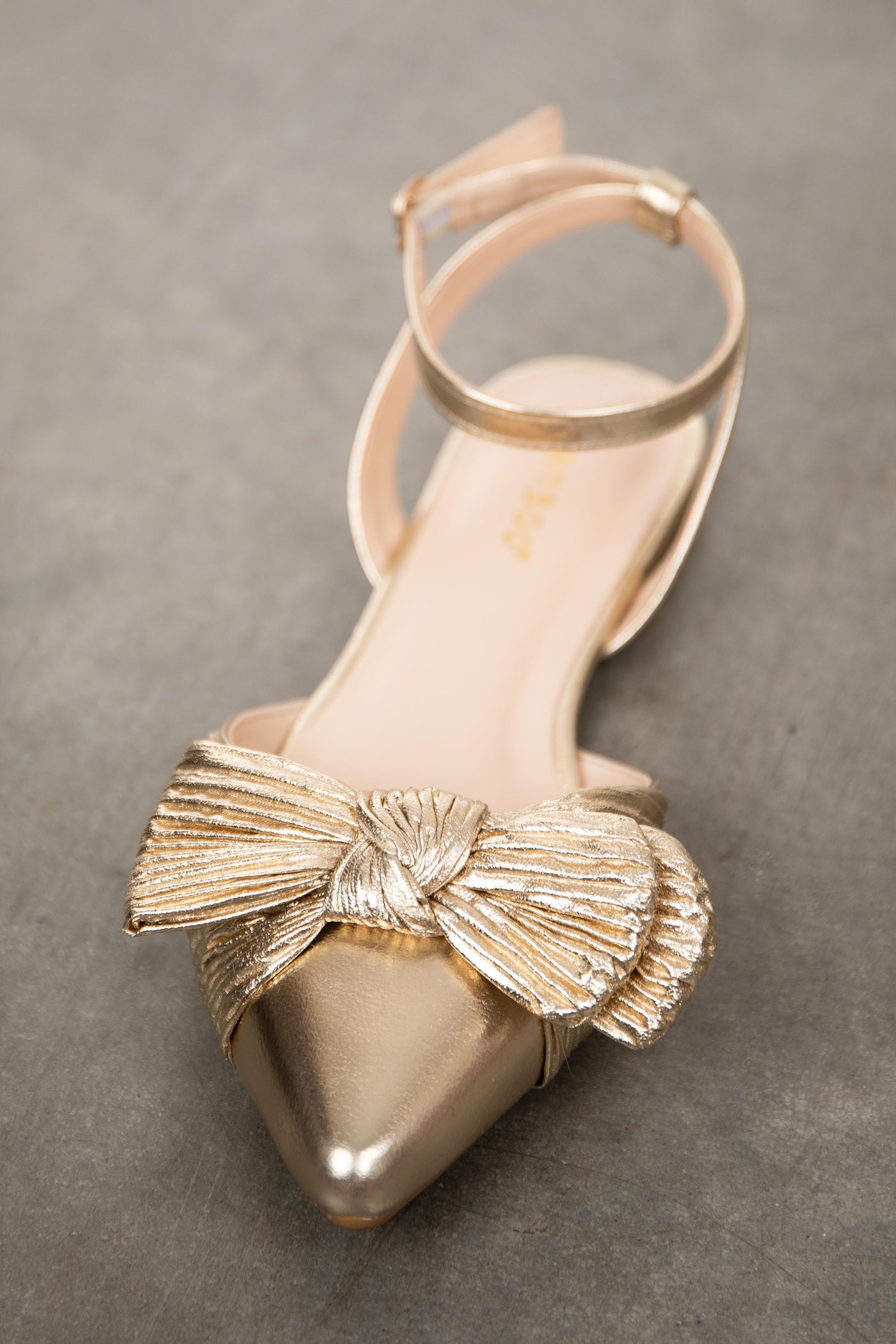 Gold Metallic Pointed Toe Flats with Bow Detail