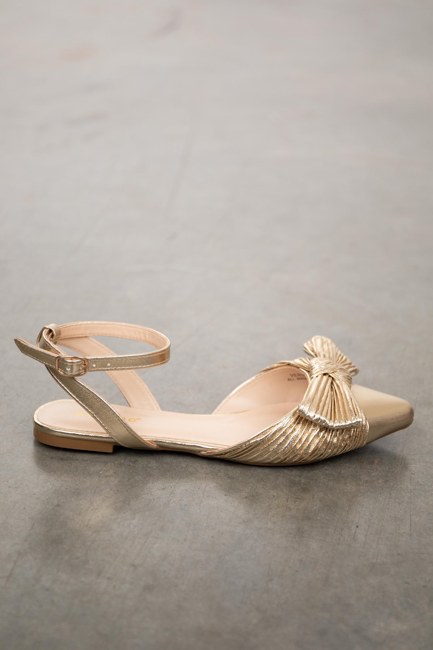 Gold Metallic Pointed Toe Flats with Bow Detail