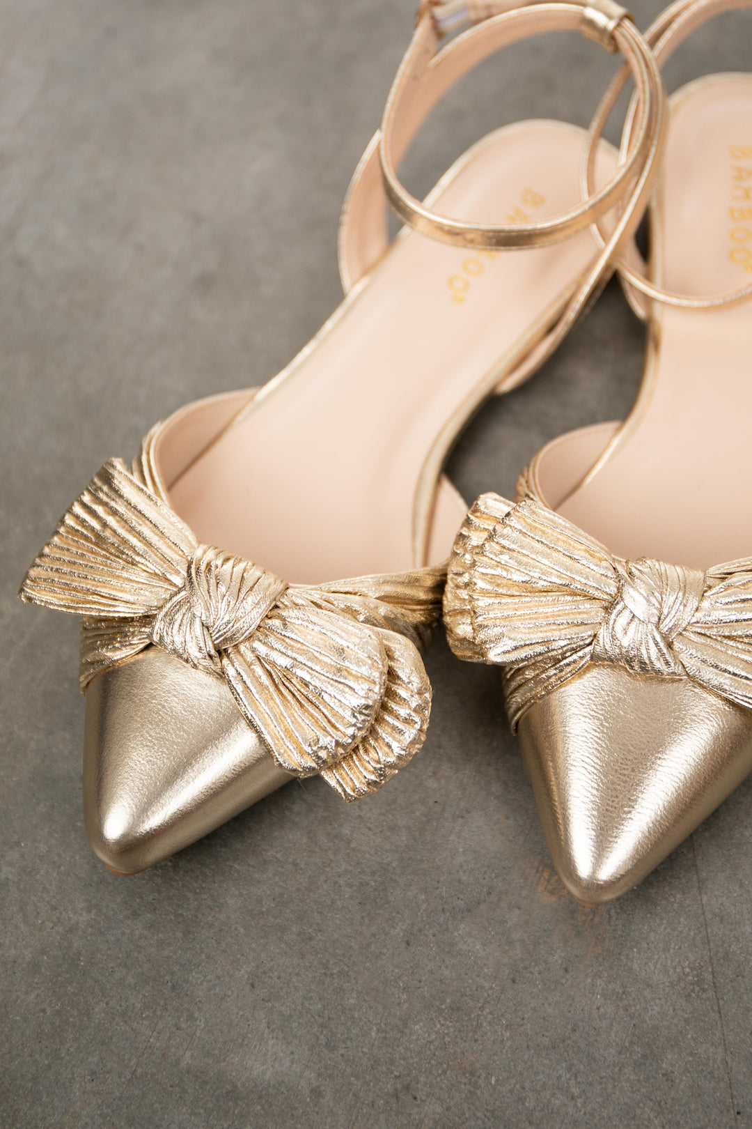 Gold Metallic Pointed Toe Flats with Bow Detail & Lime Lush