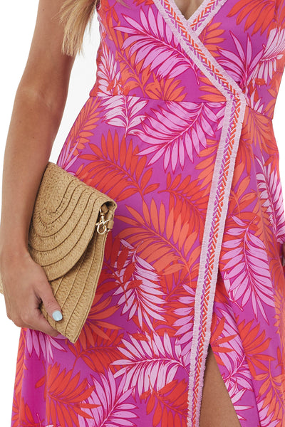 Grape Tropical Print Sleeveless Surplice Dress