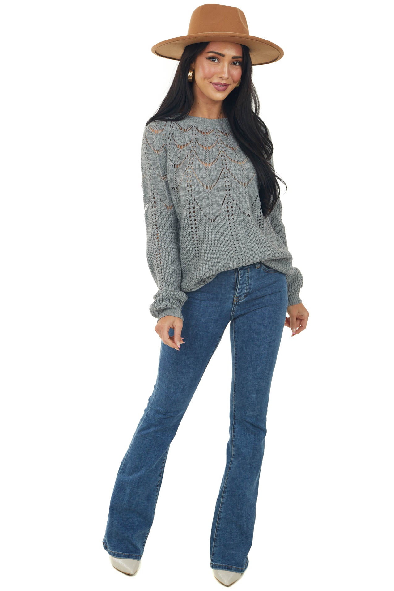 Graphite Long Sleeve Pointelle Knit Sweater