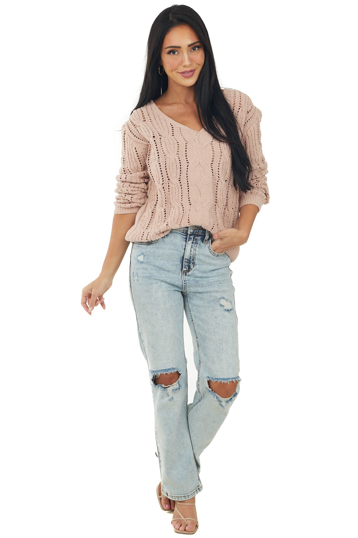 Hazy Blush Chenille Loose Cable Knit Sweater