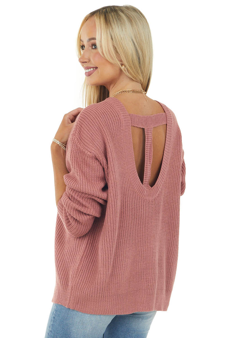 Hazy Rose Boat Neckline Knit Sweater with Back Cutout Detail