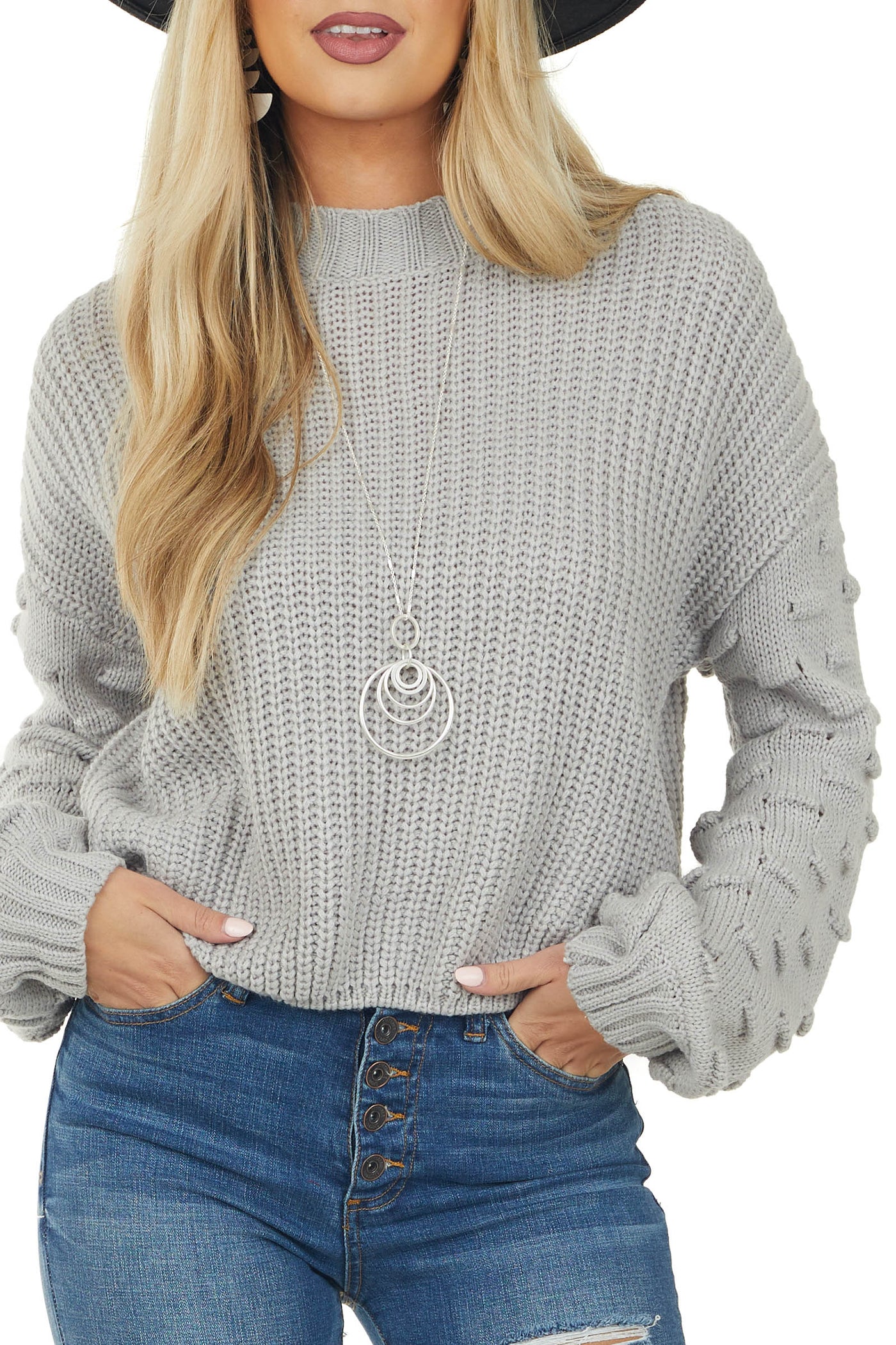 Heather Grey Textured Bubble Sleeve Knit Sweater