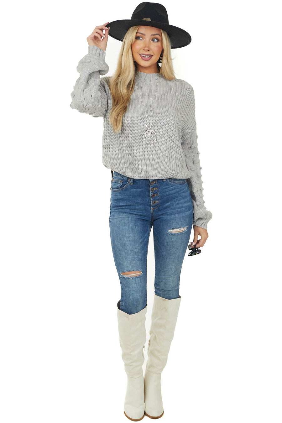 Heather Grey Textured Bubble Sleeve Knit Sweater
