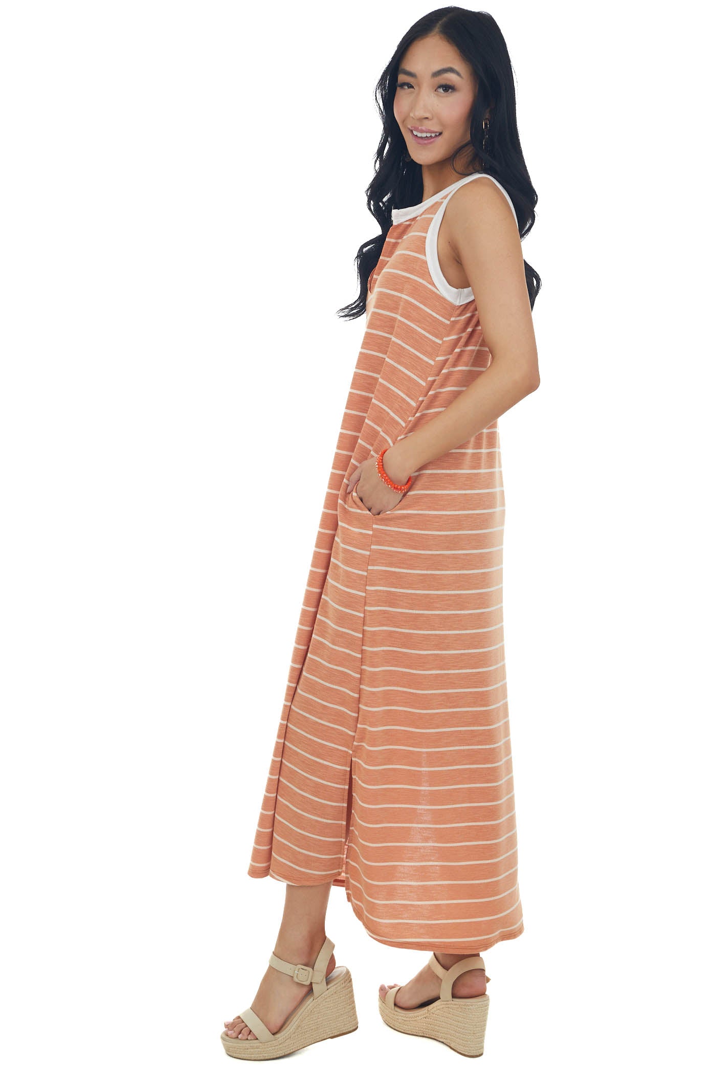 Heathered Papaya Striped Notch Neck Midi Dress