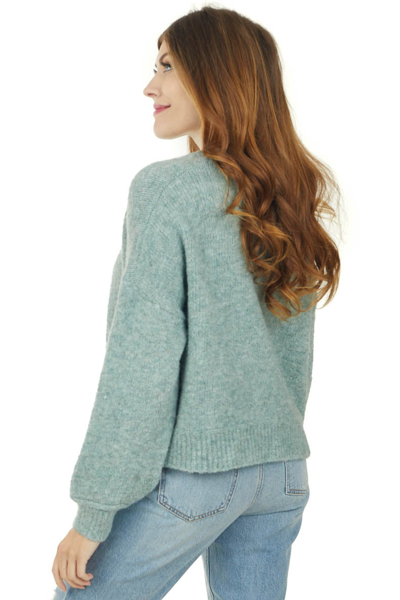 Heathered Teal Long Bubble Sleeve Knit Sweater