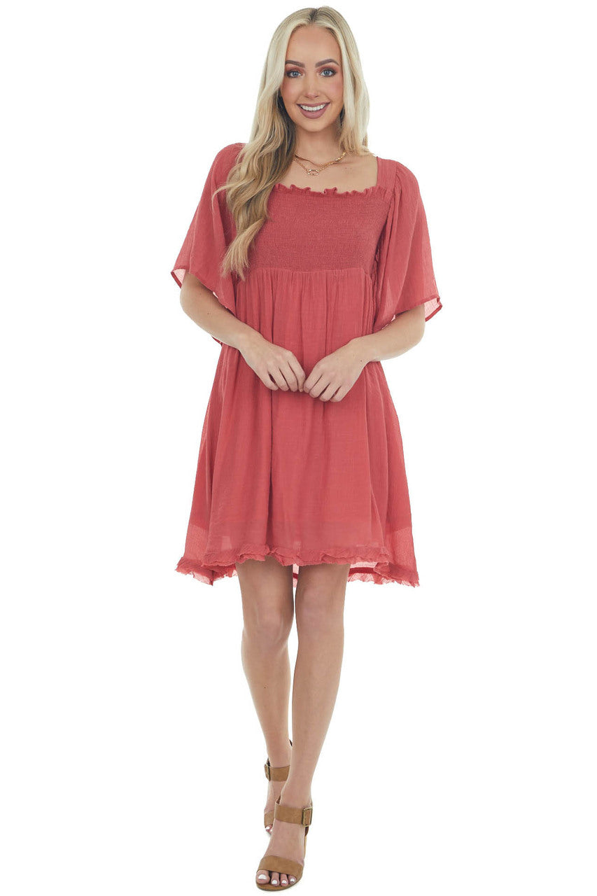 Hibiscus Smocked Babydoll Short Dress with Flutter Sleeves