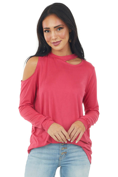 Hot Pink Cold Shoulder Long Sleeve Knit Cut Out Top