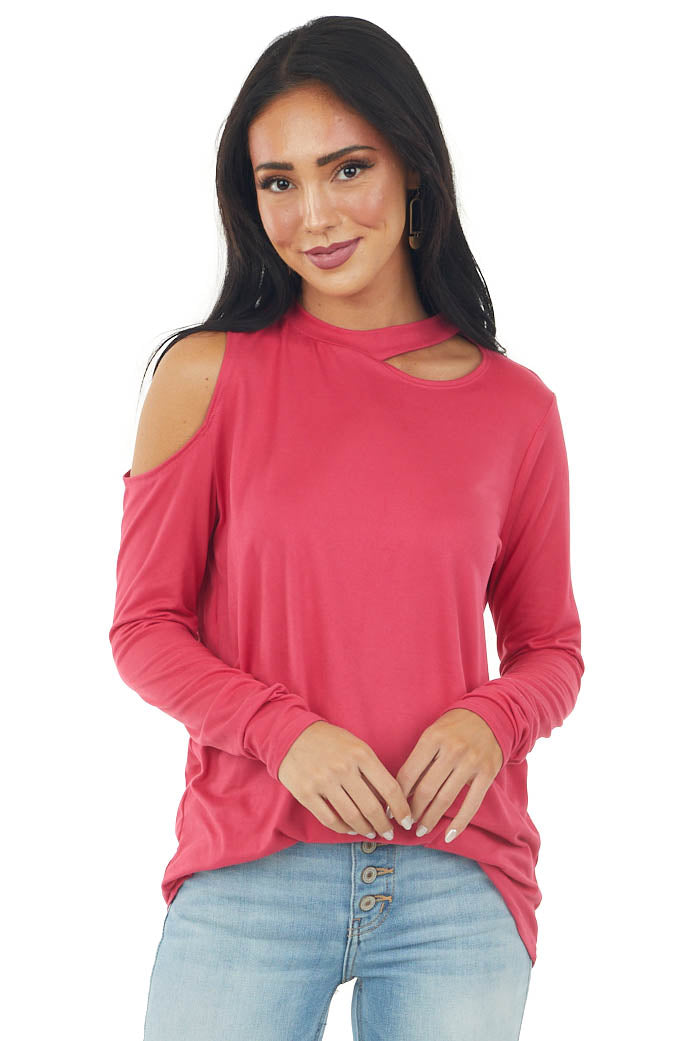 Hot Pink Cold Shoulder Long Sleeve Knit Cut Out Top