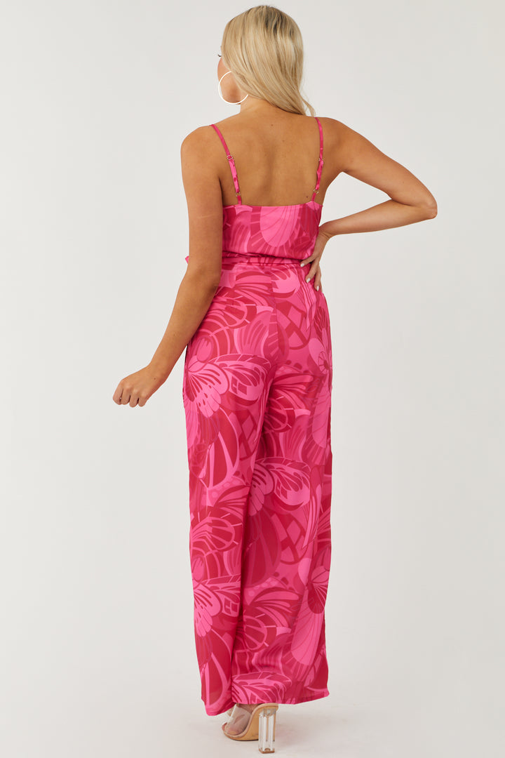 Hot Pink Printed Surplice Waist Tie Woven Jumpsuit